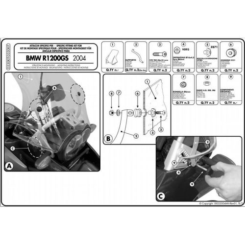 CUPOLINO GIVI PARABREZZA TRASPARENTE + ATTACCHI PER BMW R 1200 GS 2004 / 2012