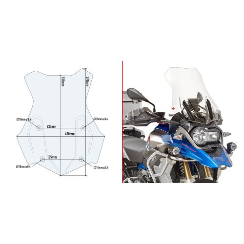 Cupolino trasparente GIVI 53,5 x 45 cm + attacchi specifici per BMW R 1200 GS / Adventure 2016 / 2018