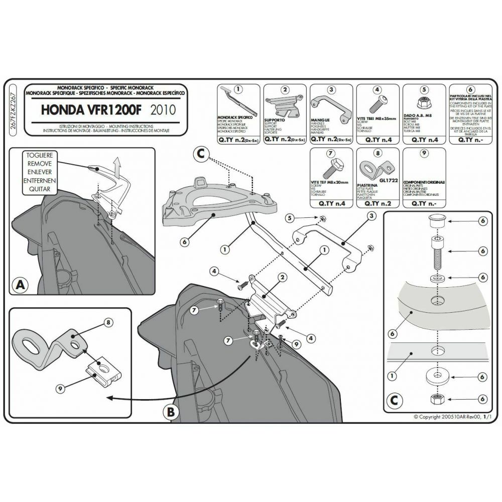 GIVI Attacco posteriore per bauletto MONOKEY - MONOLOCK per HONDA VFR 1200 F 2010 / 2016