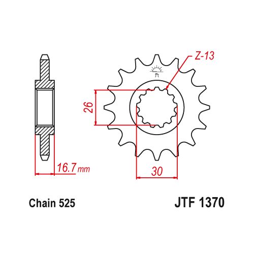 JT JTF1370.16RB Pignone in acciaio con gomma antirumore passo 525 denti 16