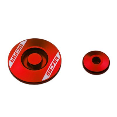 Tappo carter motore rosso in alluminio anodizzato con logo SCAR stampato lavorato a CNC