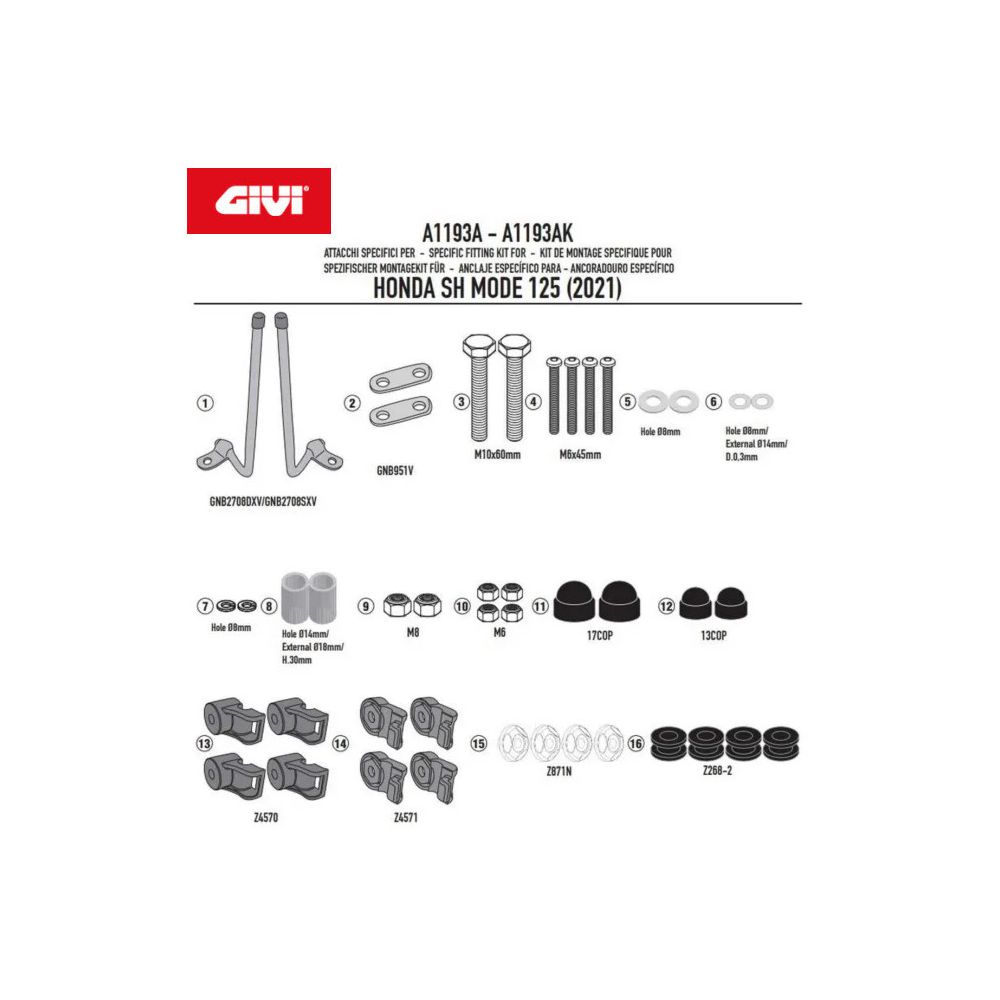 GIVI Kit di attacchi specifico per cupolino Parabrezza 1193A per HONDA SH 125 MODE 2021 / 2023