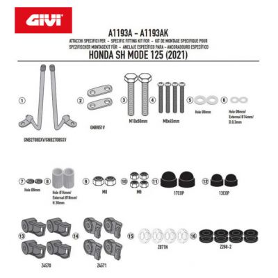 GIVI Kit di attacchi specifico per cupolino Parabrezza 1193A per HONDA SH 125 MODE 2021 / 2023