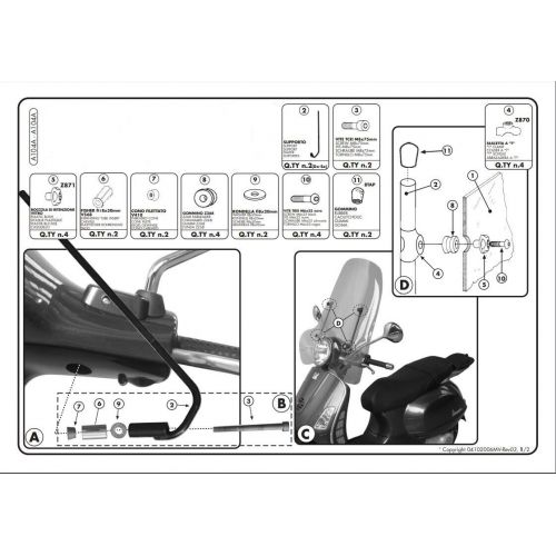 GIVI 104A Parabrezza trasparente con attacchi per PIAGGIO VESPA 50-125-150-200-250-300 2003 / 2022